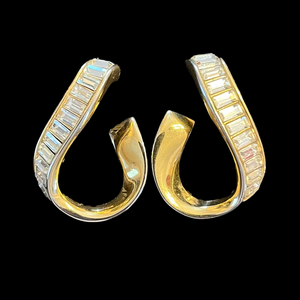 Vintage Swarovski Swan Logo Gold Plated Clear Crystal Baguette Post Earrings